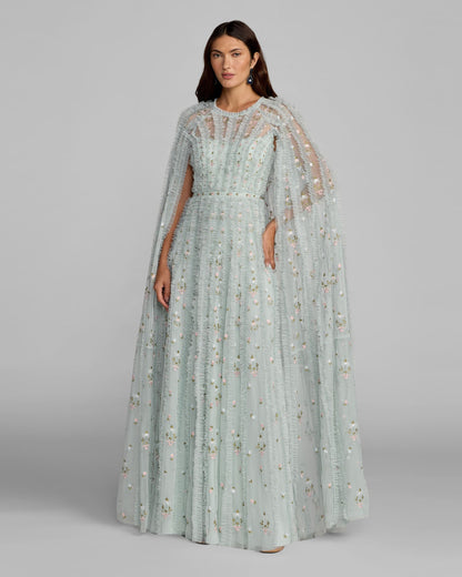 Mac Duggal Blue Embroidered High Neck Cape Sleeve Gown