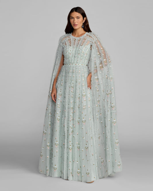 Mac Duggal Blue Embroidered High Neck Cape Sleeve Gown