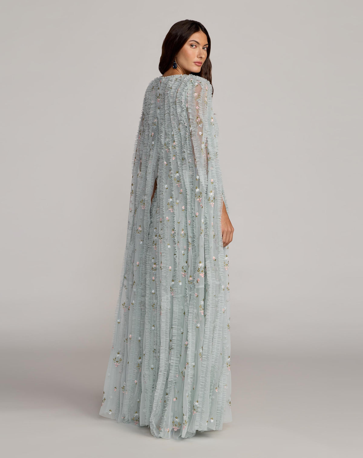 Mac Duggal Blue Embroidered High Neck Cape Sleeve Gown