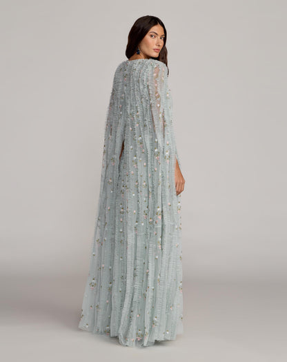 Mac Duggal Blue Embroidered High Neck Cape Sleeve Gown