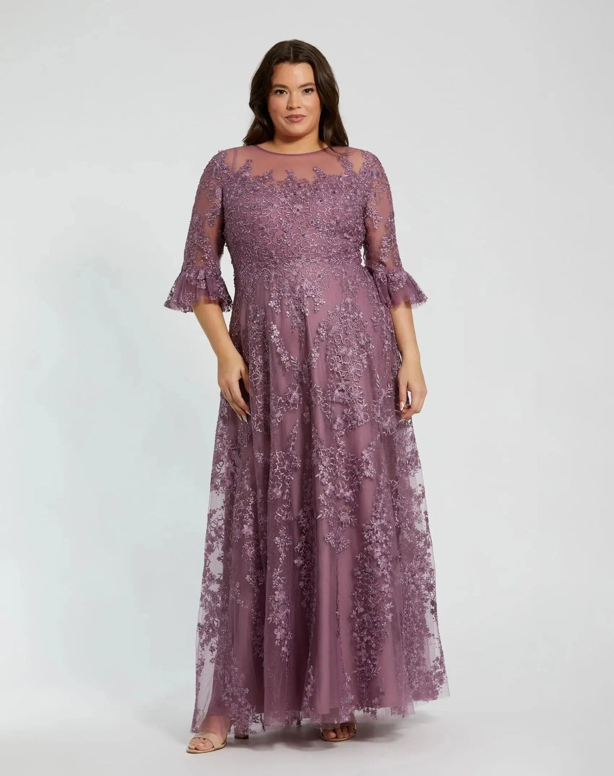 Mac Duggal Purple High Neck Flutter Sleeve Embroidered A Line Gown (Plus)