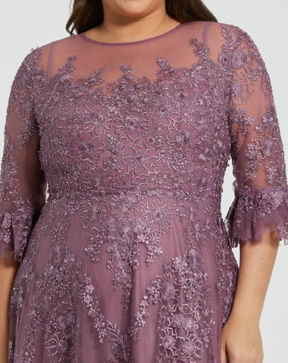 Mac Duggal Purple High Neck Flutter Sleeve Embroidered A Line Gown (Plus)