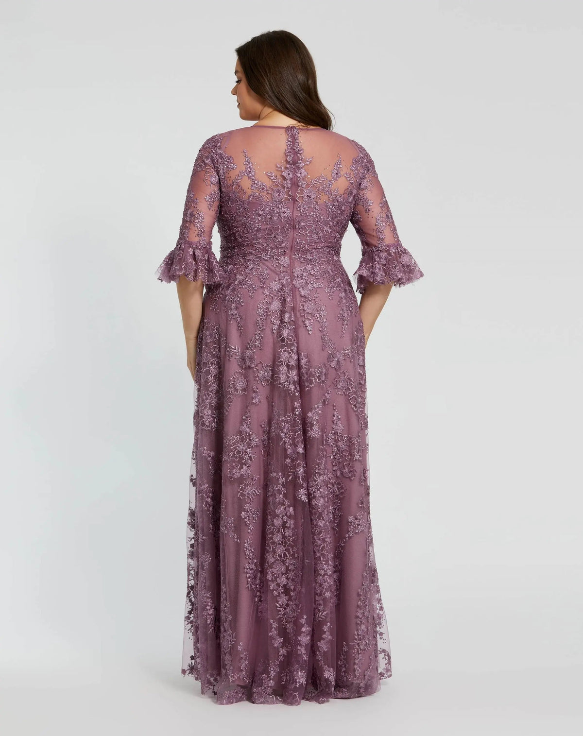 Mac Duggal Purple High Neck Flutter Sleeve Embroidered A Line Gown (Plus)