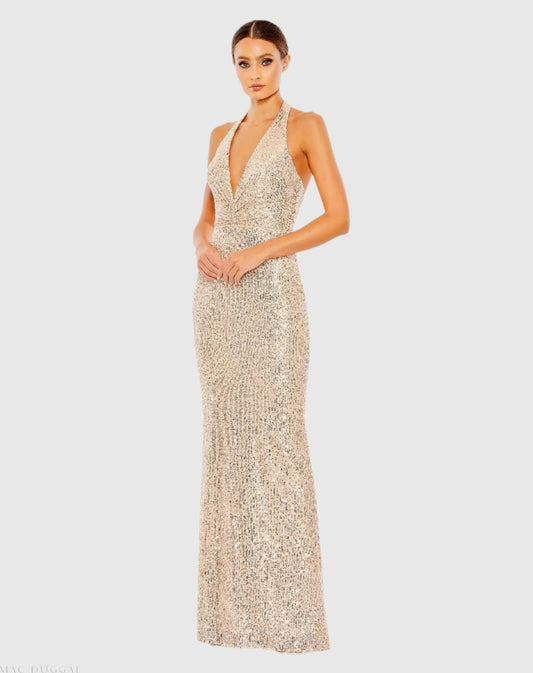 Mac Duggal Gold Sequined Halter Strap Plunge Neck Gown Duggal