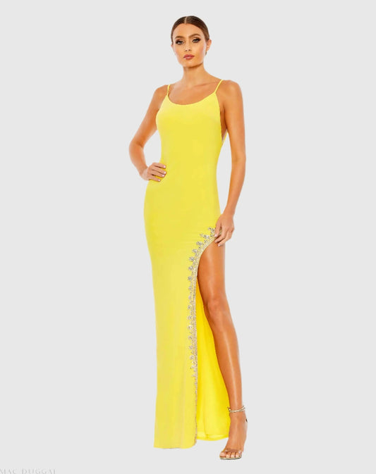 Mac Duggal Yellow Rhinestone Encrusted Side Slit Cami Bodycon Gown Duggal