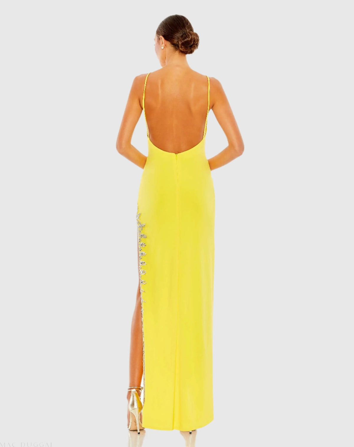 Mac Duggal Yellow Rhinestone Encrusted Side Slit Cami Bodycon Gown Duggal