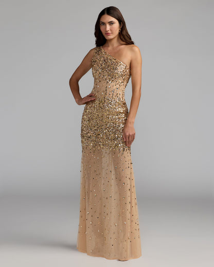 Mac Duggal Gold One Shoulder Embellished Illusion Gown