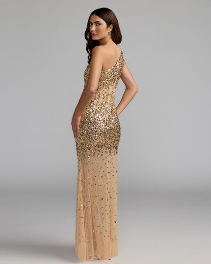 Mac Duggal Gold One Shoulder Embellished Illusion Gown