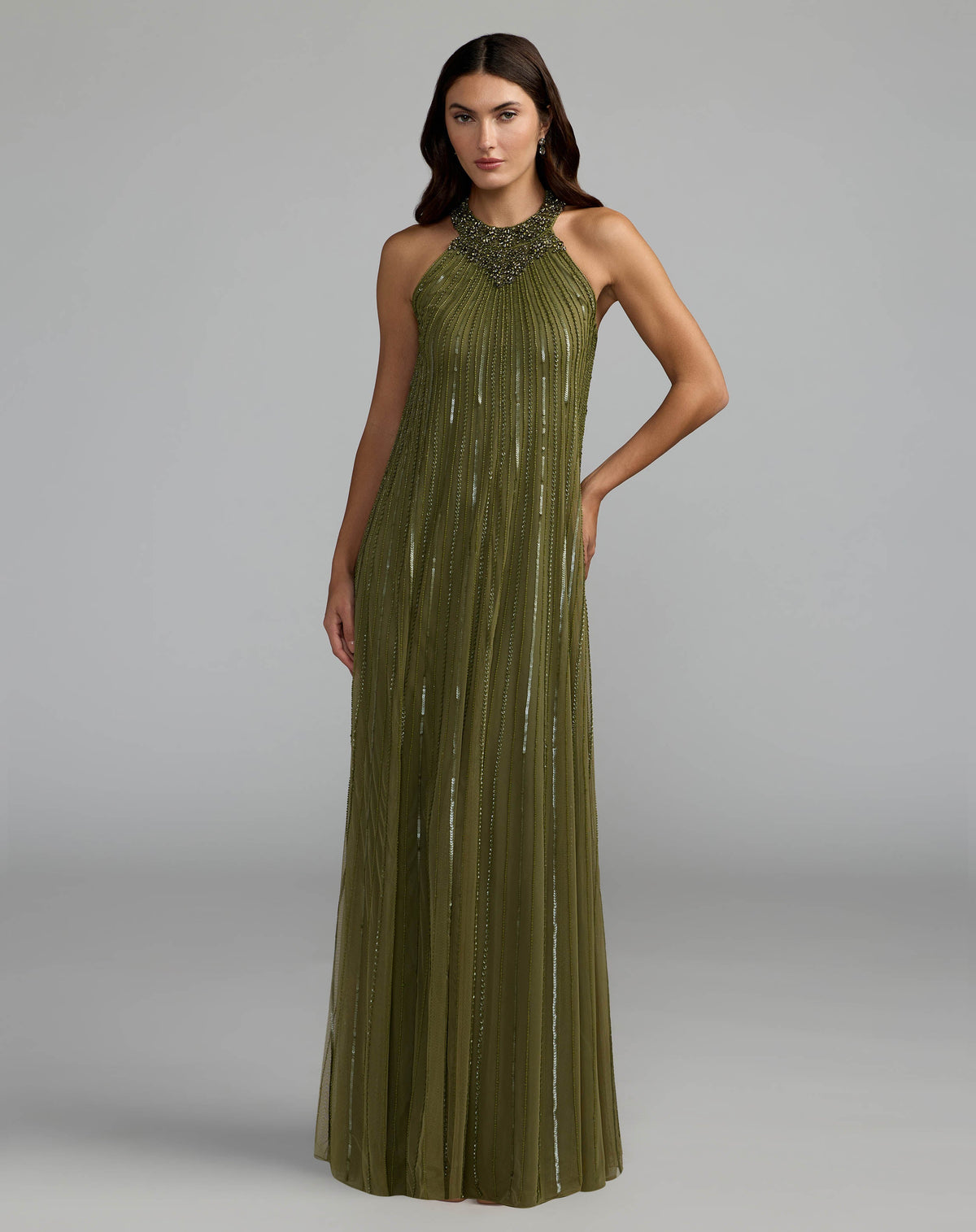 Mac Duggal Green Sleeveless Halter Neck Embellished Trapeze Gown