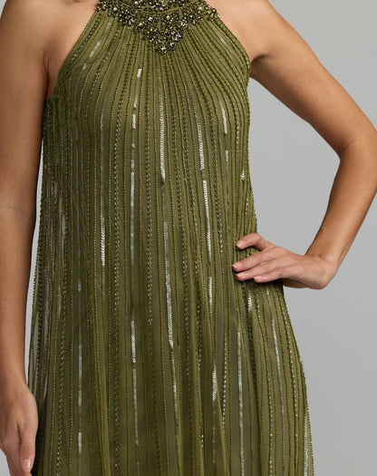 Mac Duggal Green Sleeveless Halter Neck Embellished Trapeze Gown