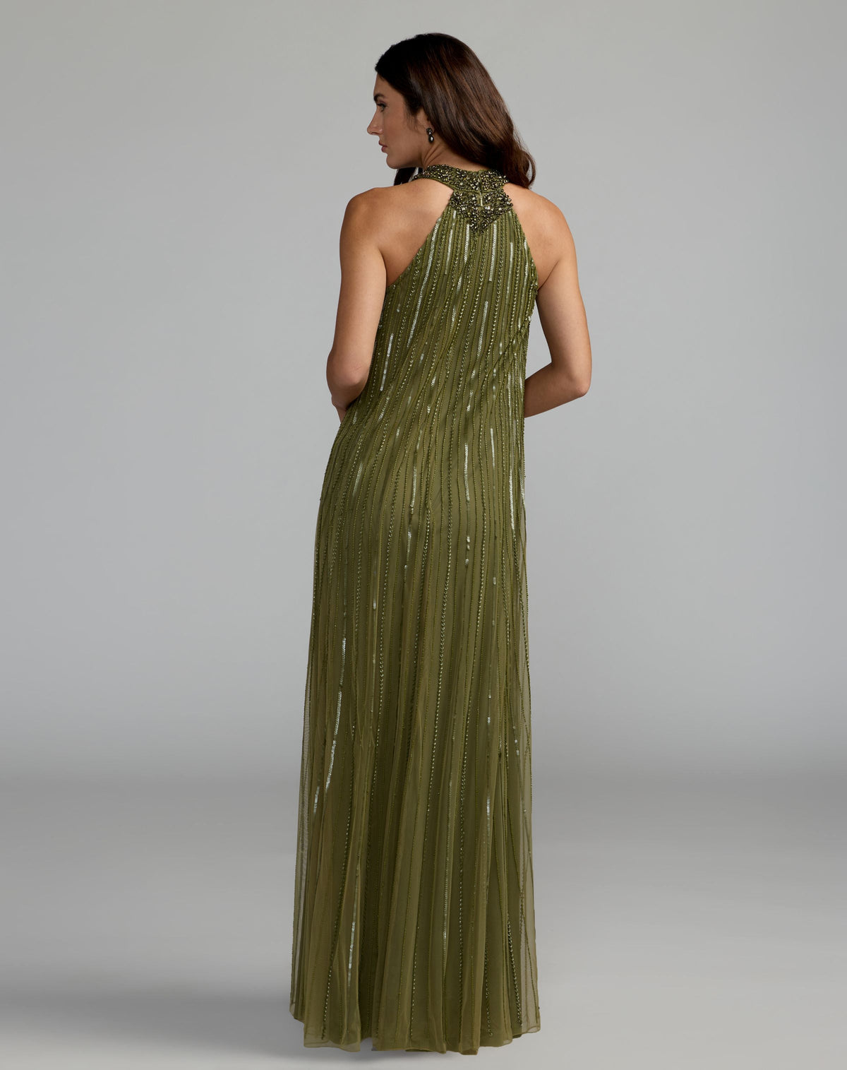 Mac Duggal Green Sleeveless Halter Neck Embellished Trapeze Gown