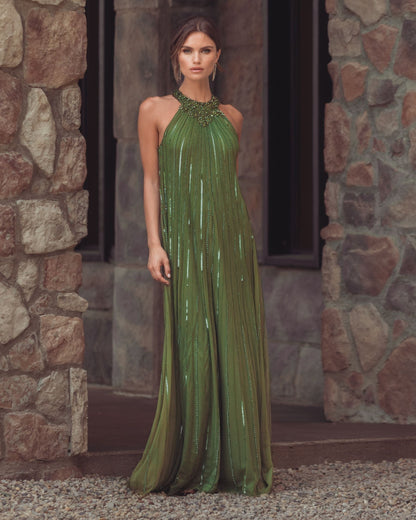 Mac Duggal Green Sleeveless Halter Neck Embellished Trapeze Gown
