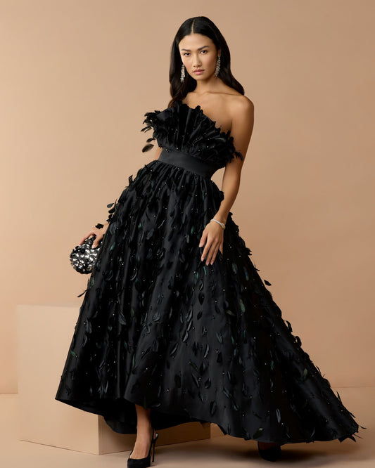 Mac Duggal Black Strapless Feather Embellished Satin High Low Gown