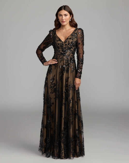 Mac Duggal Black Embroidered Long Sleeve V-Neck Gown