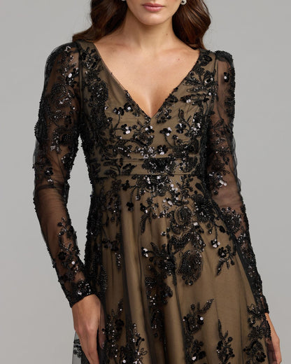 Mac Duggal Black Embroidered Long Sleeve V-Neck Gown