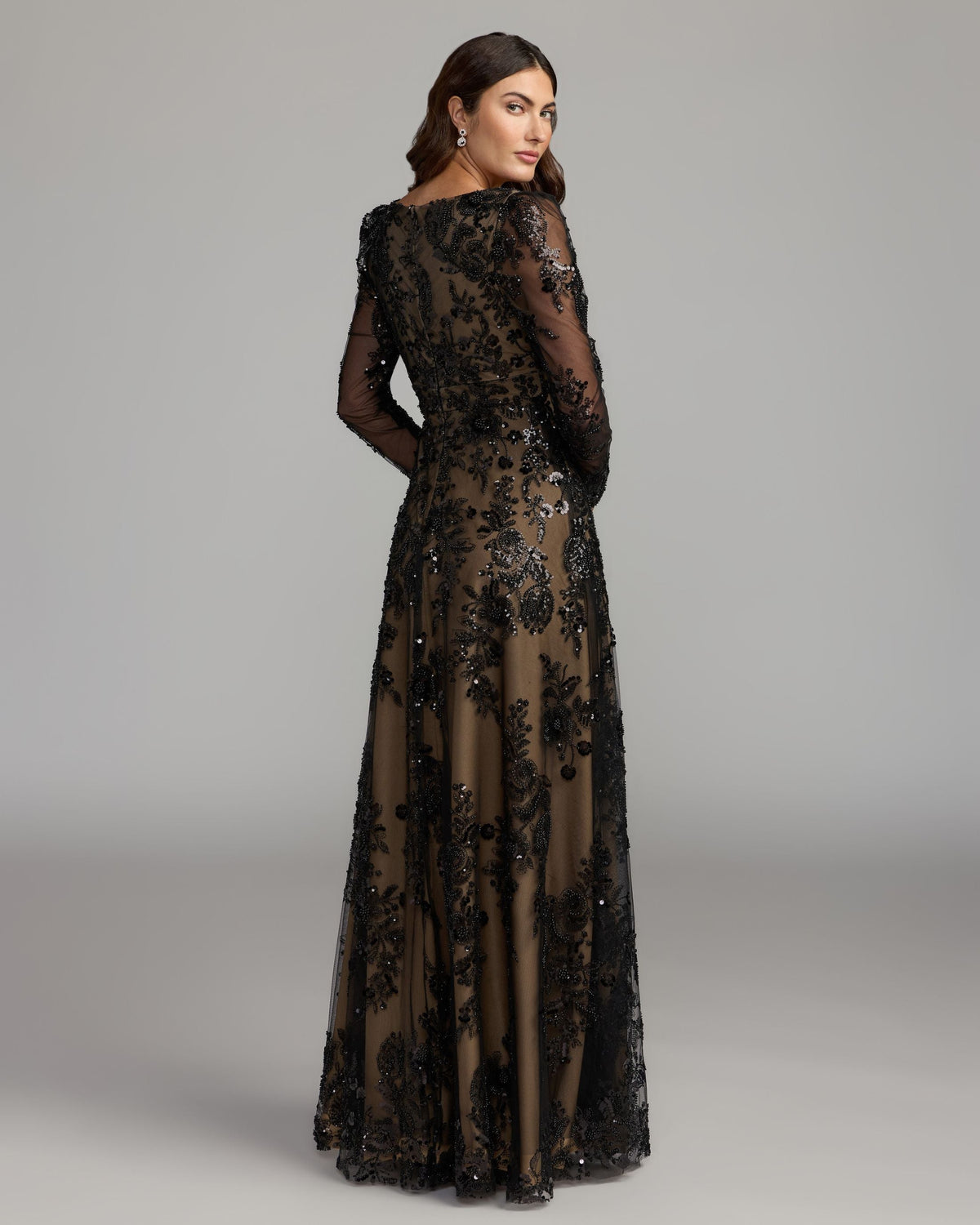 Mac Duggal Black Embroidered Long Sleeve V-Neck Gown