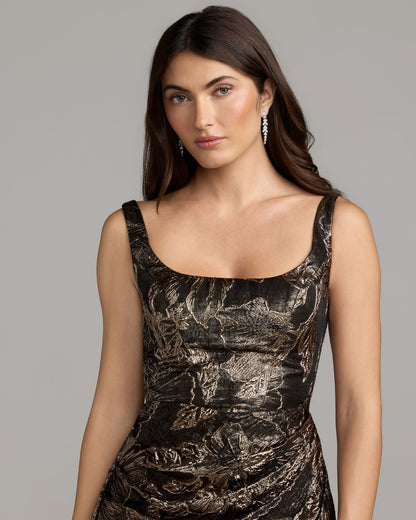Mac Duggal Black Metallic Floral Brocade Gown with Overskirt