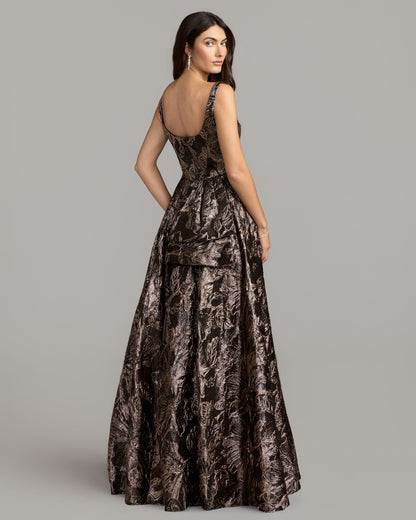 Mac Duggal Black Metallic Floral Brocade Gown with Overskirt