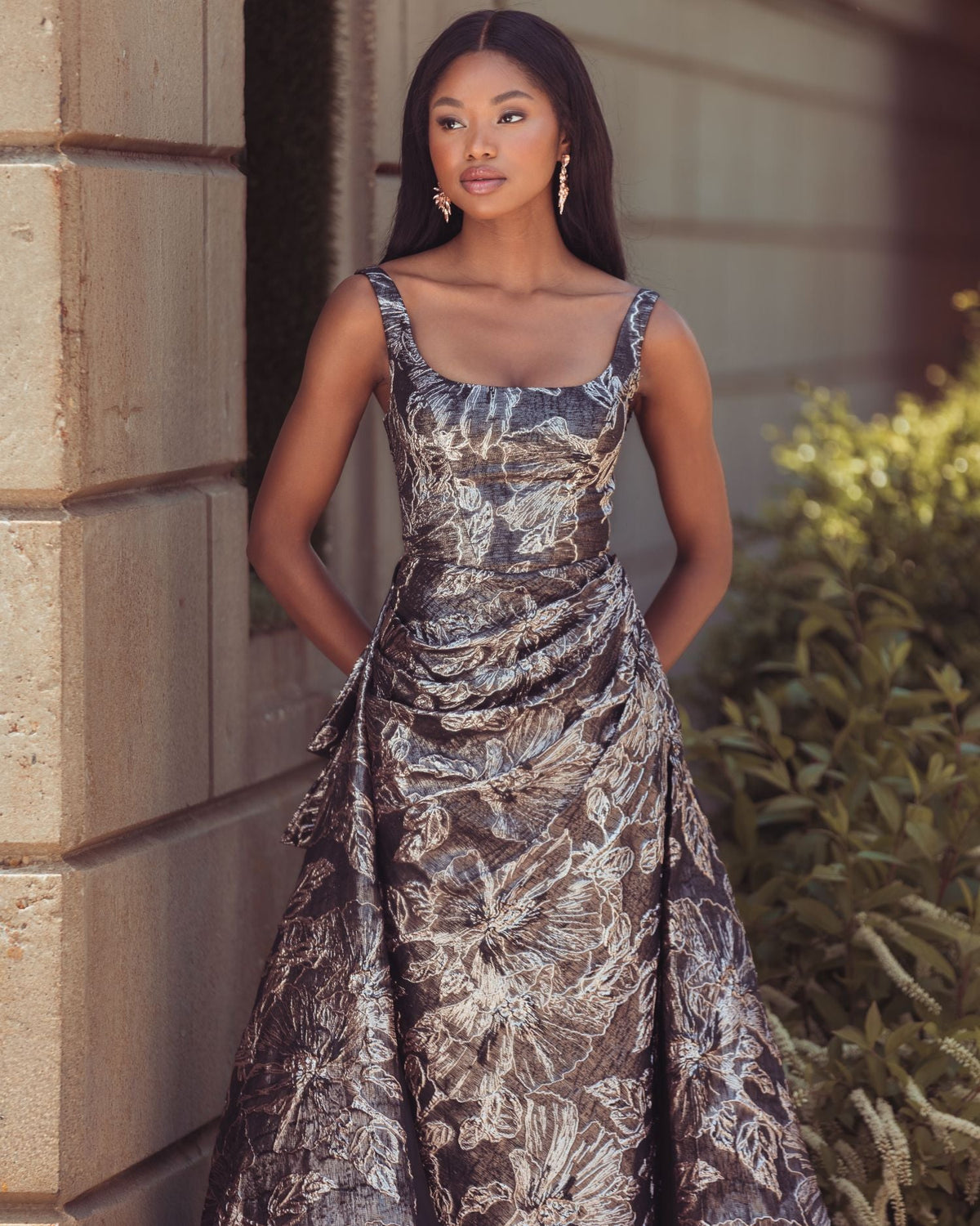 Mac Duggal Black Metallic Floral Brocade Gown with Overskirt