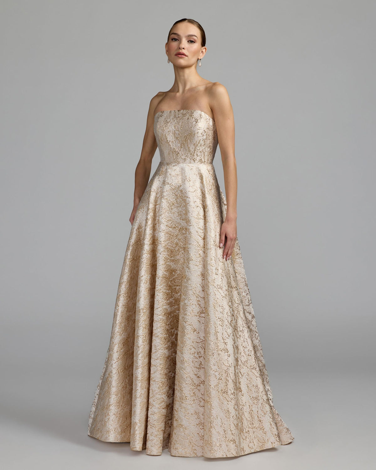 Mac Duggal Champagne Gold Metallic Brocade Ball Gown