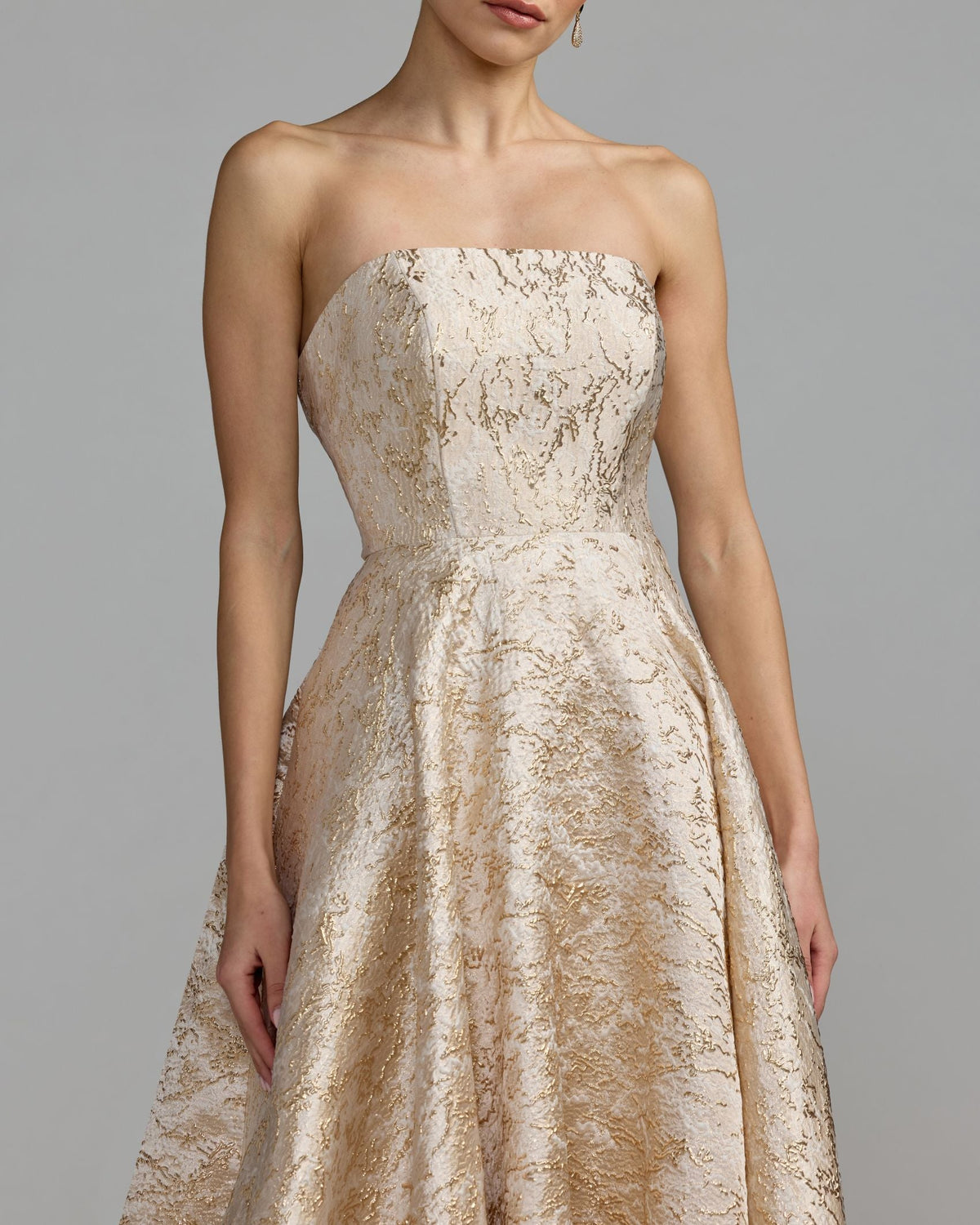 Mac Duggal Champagne Gold Metallic Brocade Ball Gown