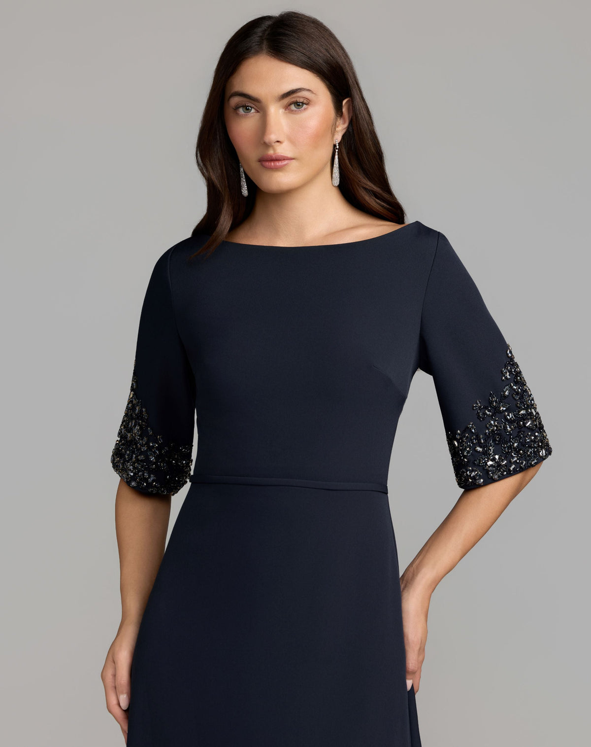 Mac Duggal Navy A-Line Crepe Gown With Beaded Sleeves