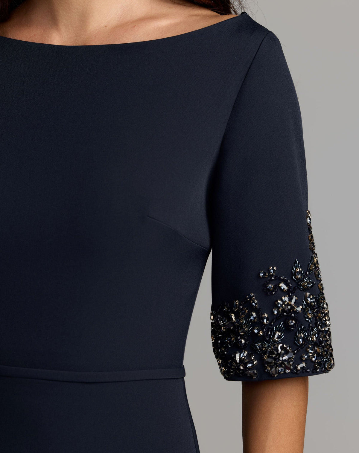 Mac Duggal Navy A-Line Crepe Gown With Beaded Sleeves