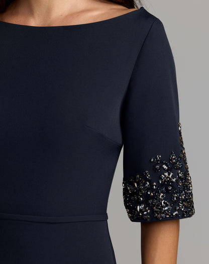 Mac Duggal Navy A-Line Crepe Gown With Beaded Sleeves