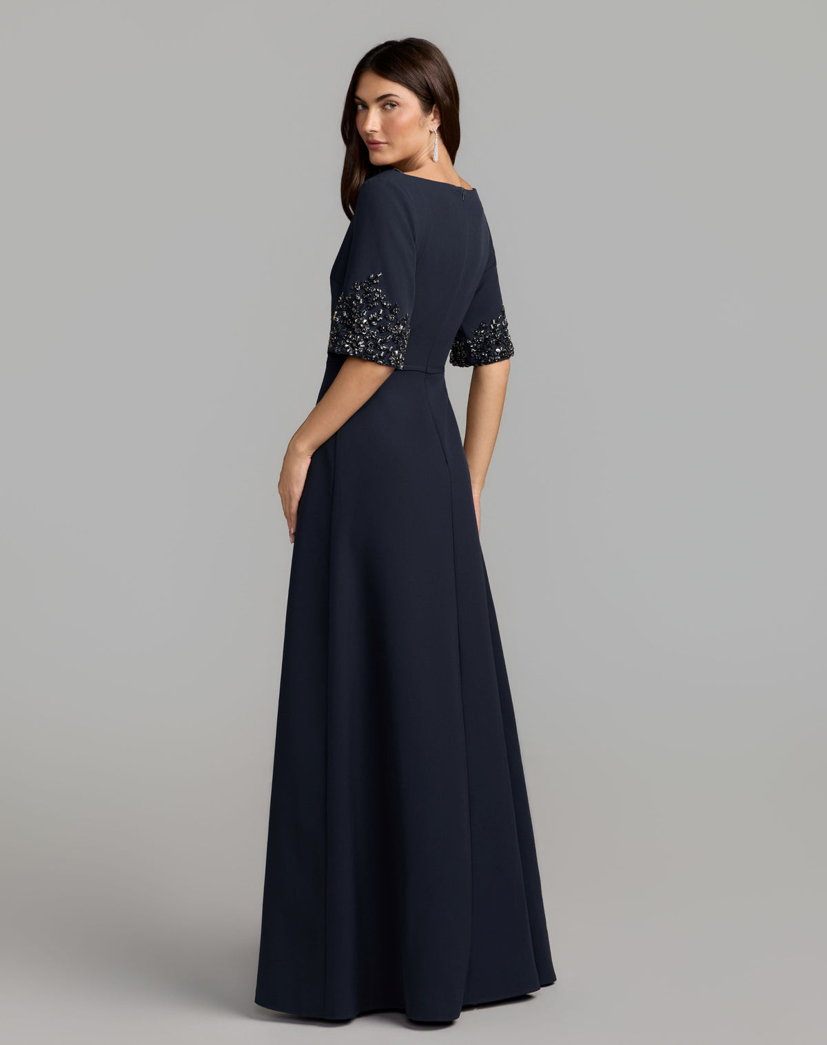Mac Duggal Navy A-Line Crepe Gown With Beaded Sleeves