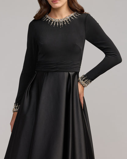 Mac Duggal Black Jersey and Satin Long Sleeve A-Line Gown