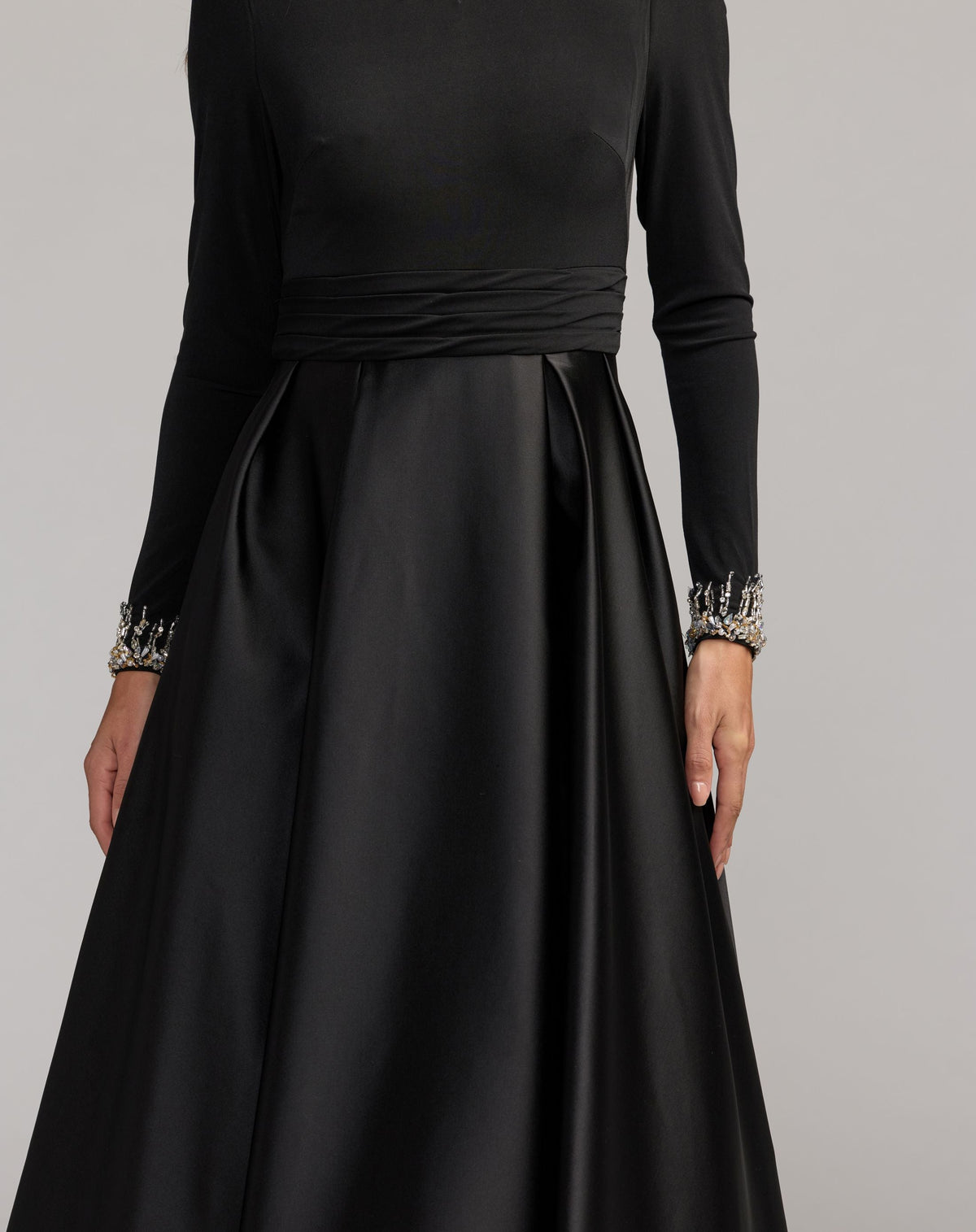 Mac Duggal Black Jersey and Satin Long Sleeve A-Line Gown
