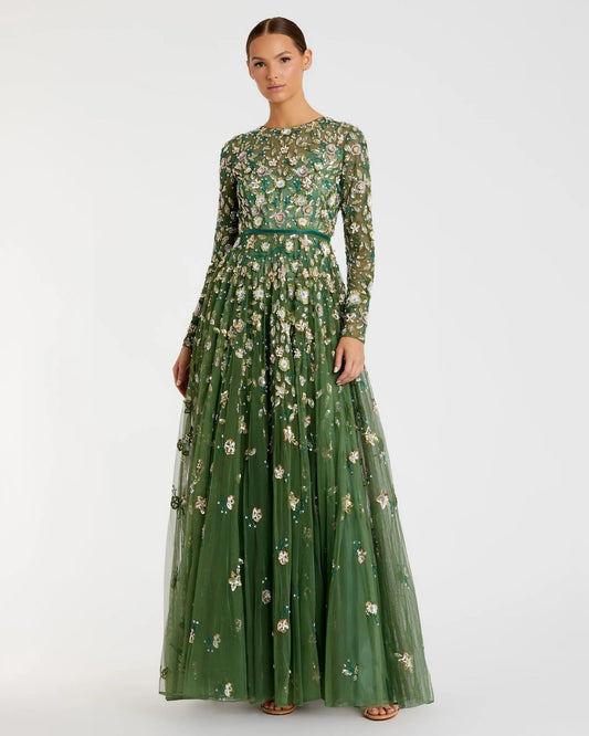 Mac Duggal Green Embellished High Neck Long Sleeve A Line Gown