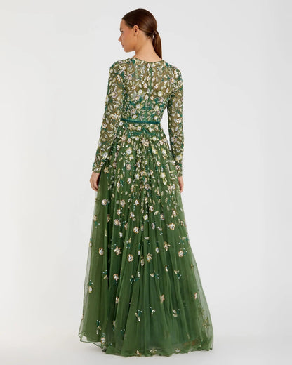 Mac Duggal Green Embellished High Neck Long Sleeve A Line Gown