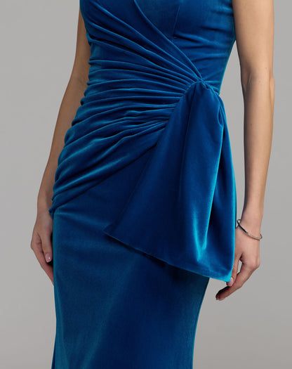 Mac Duggal Blue Strapless Velvet Draped Column Gown