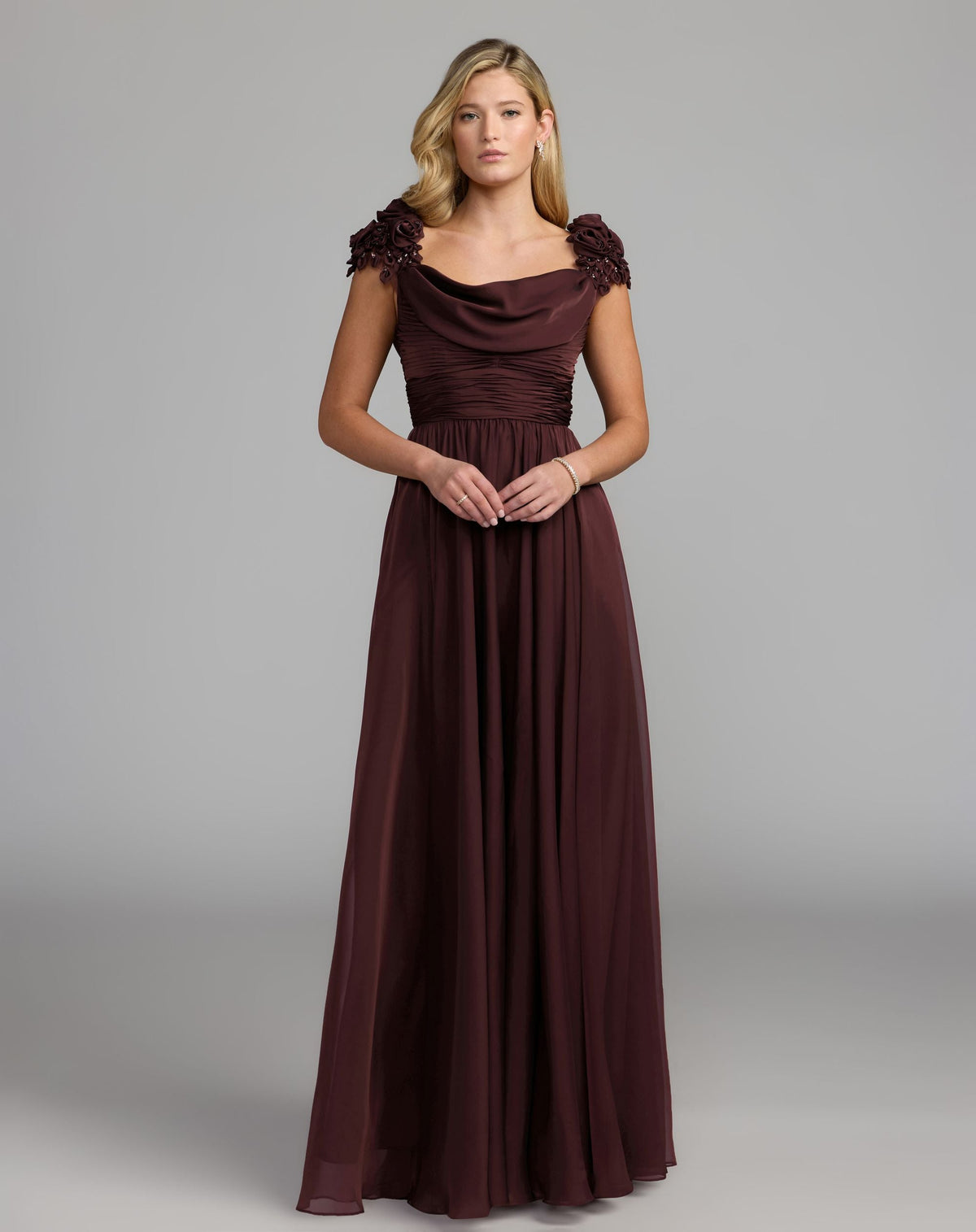 Mac Duggal Amethyst Chiffon Cowl Neck Embellished Cap Sleeve Gown