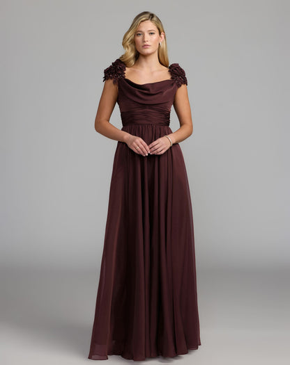 Mac Duggal Amethyst Chiffon Cowl Neck Embellished Cap Sleeve Gown