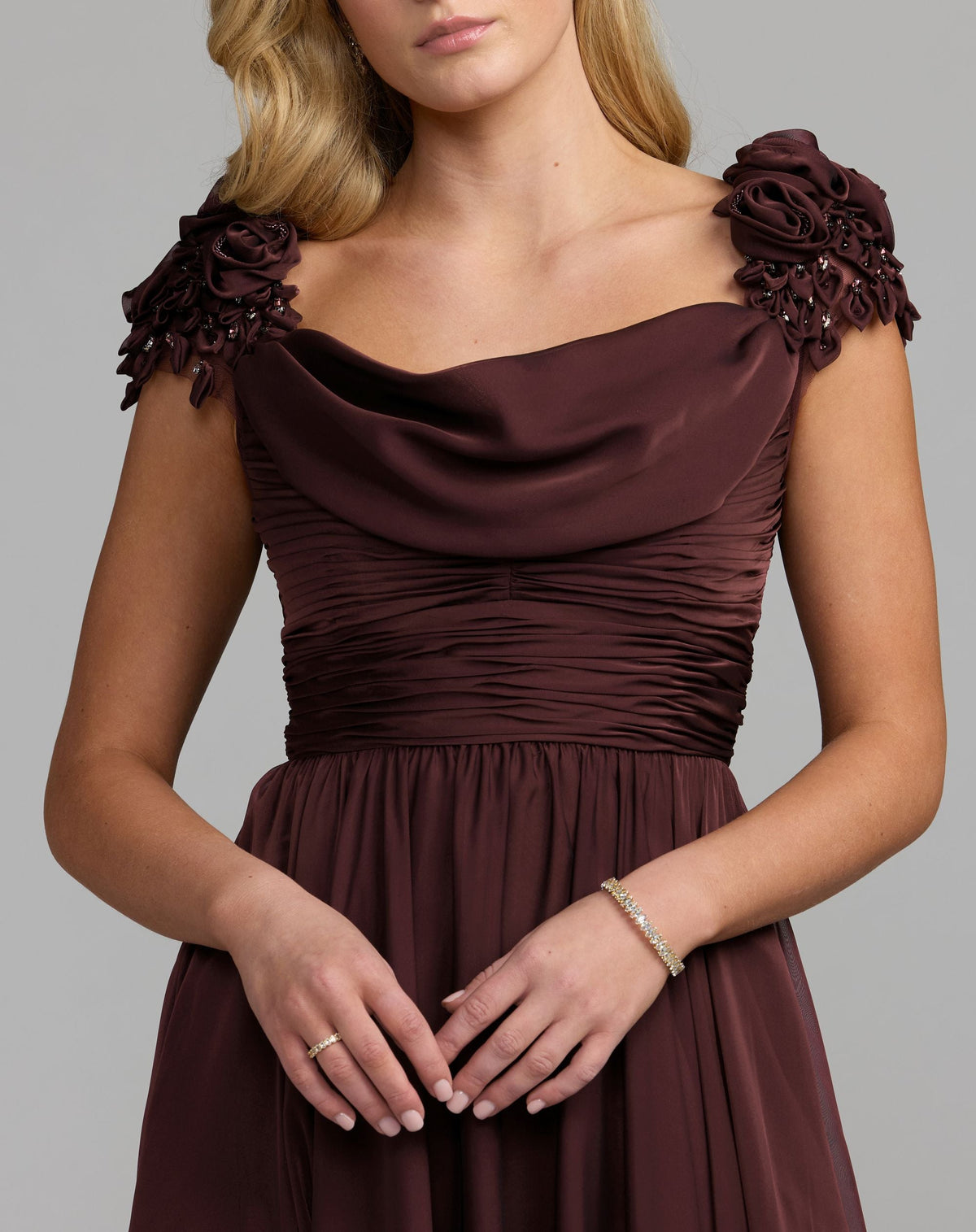 Mac Duggal Amethyst Chiffon Cowl Neck Embellished Cap Sleeve Gown