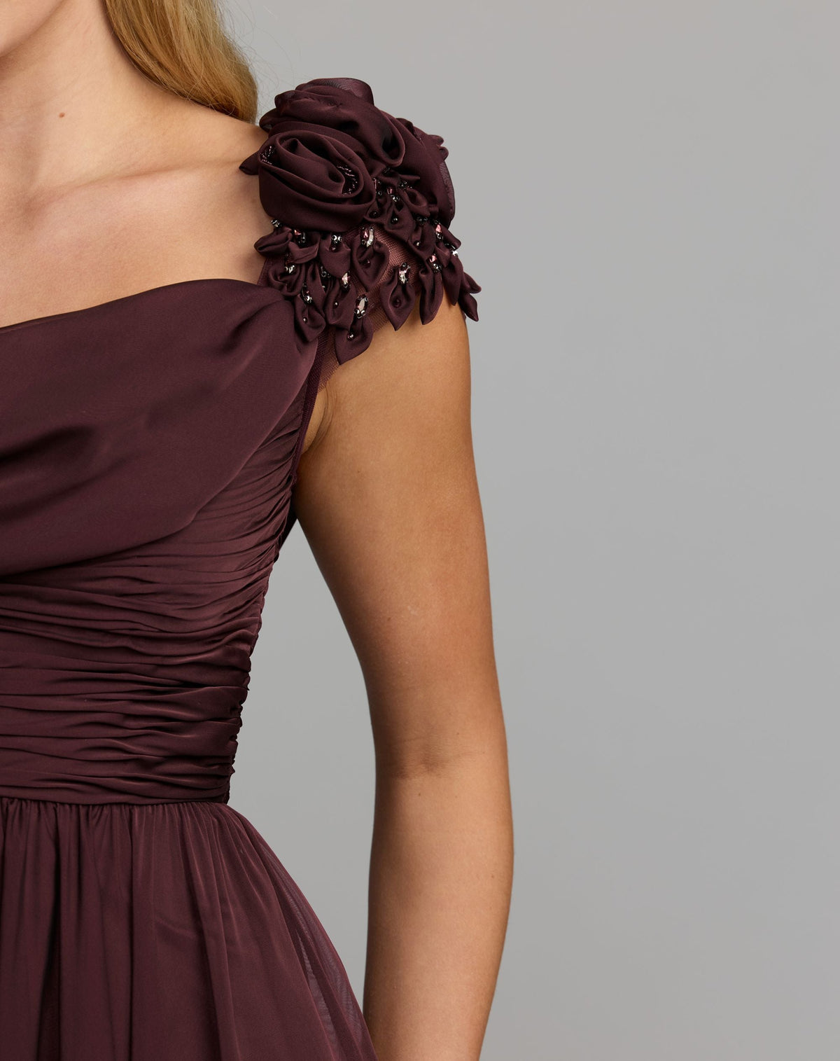 Mac Duggal Amethyst Chiffon Cowl Neck Embellished Cap Sleeve Gown