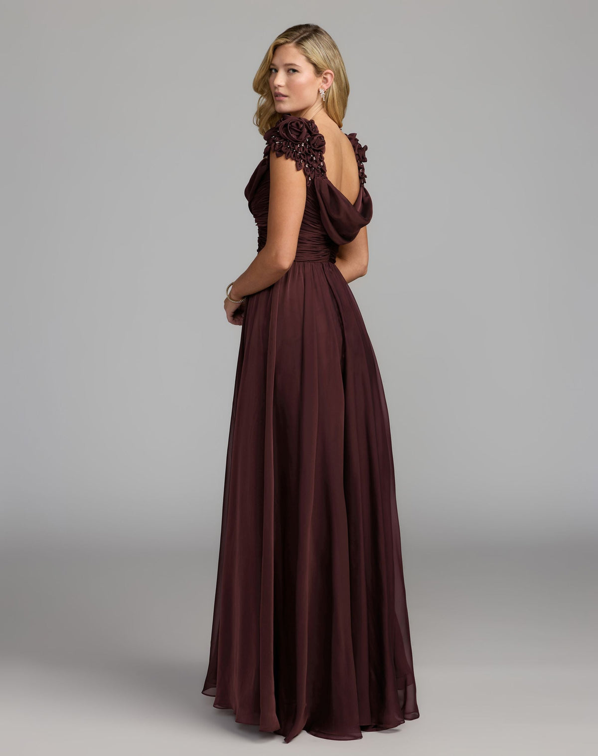 Mac Duggal Amethyst Chiffon Cowl Neck Embellished Cap Sleeve Gown
