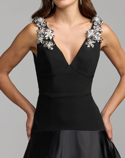 Mac Duggal Black Crepe And Satin Plunging V-Neck Ballgown