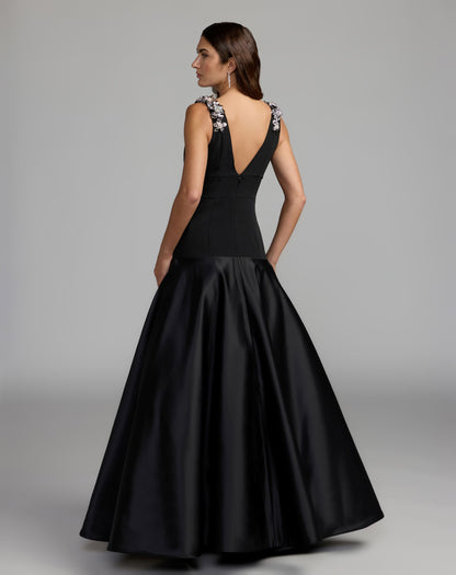 Mac Duggal Black Crepe And Satin Plunging V-Neck Ballgown