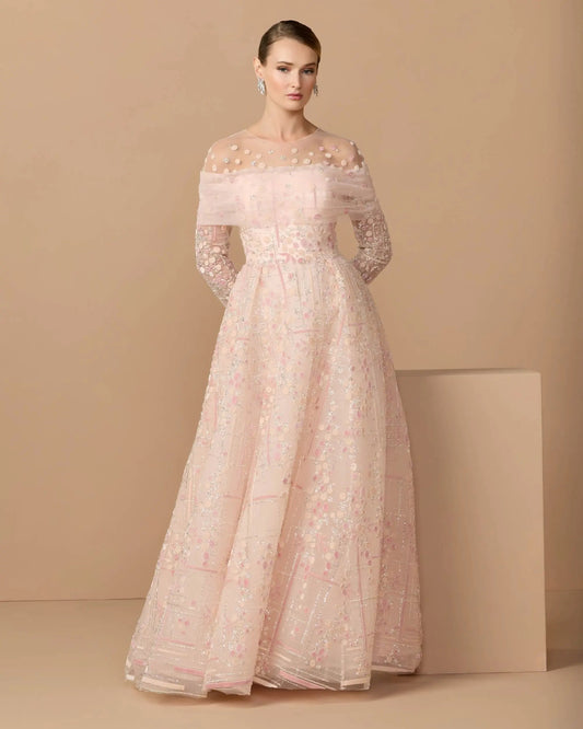 Mac Duggal Pink Off The Shoulder Embellished Long Sleeve Ball Gown
