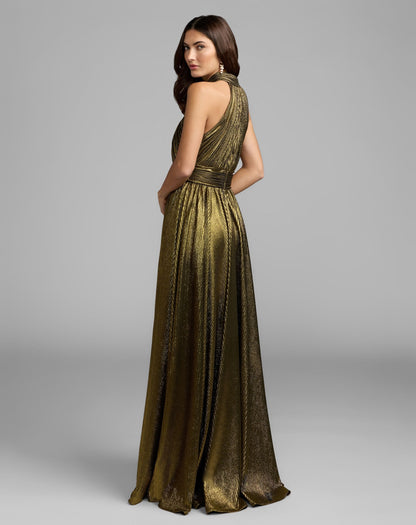 Mac Duggal Gold Metallic Pleated Mock Neck Gown