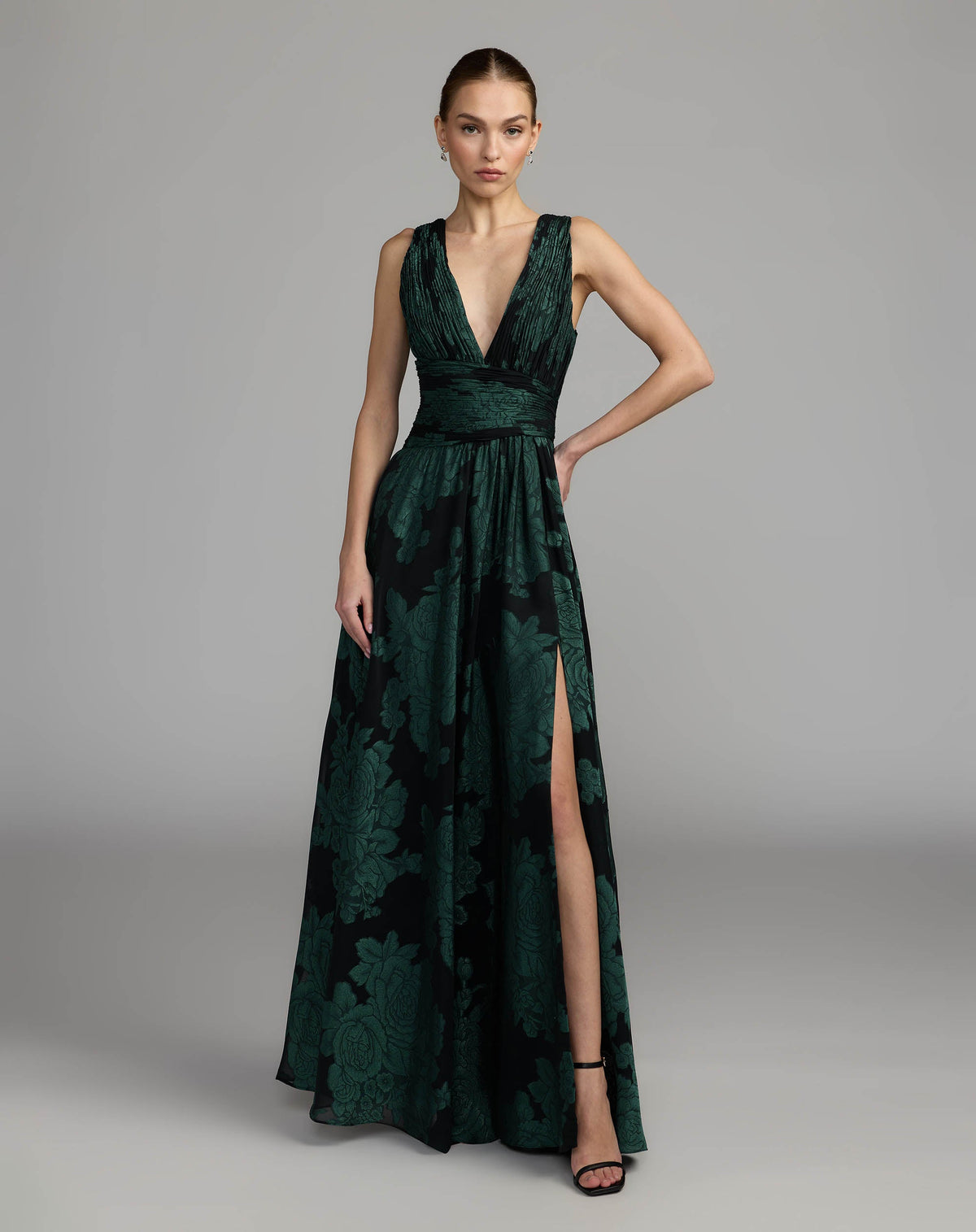 Mac Duggal Emerald Floral Sleeveless Plunge Neck Gown