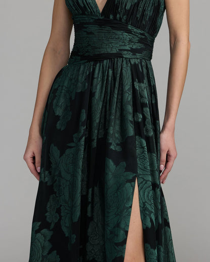 Mac Duggal Emerald Floral Sleeveless Plunge Neck Gown