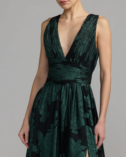 Mac Duggal Emerald Floral Sleeveless Plunge Neck Gown
