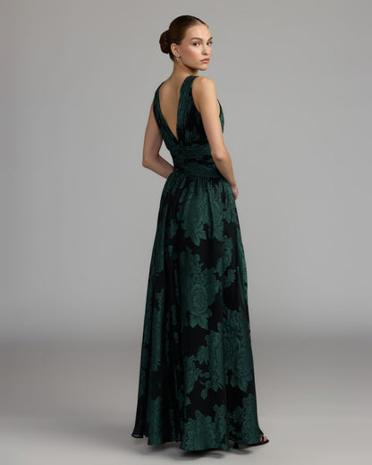 Mac Duggal Emerald Floral Sleeveless Plunge Neck Gown