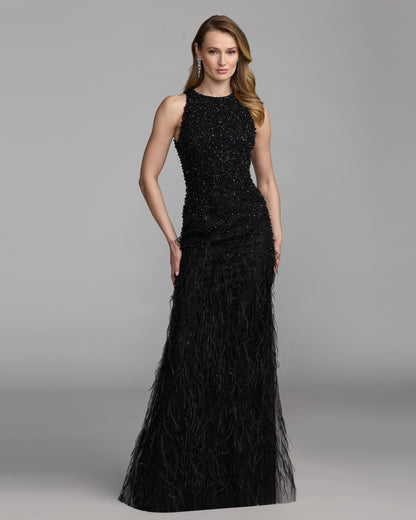 Mac Duggal Black Embellished High Neck Sleeveless Feather Gown