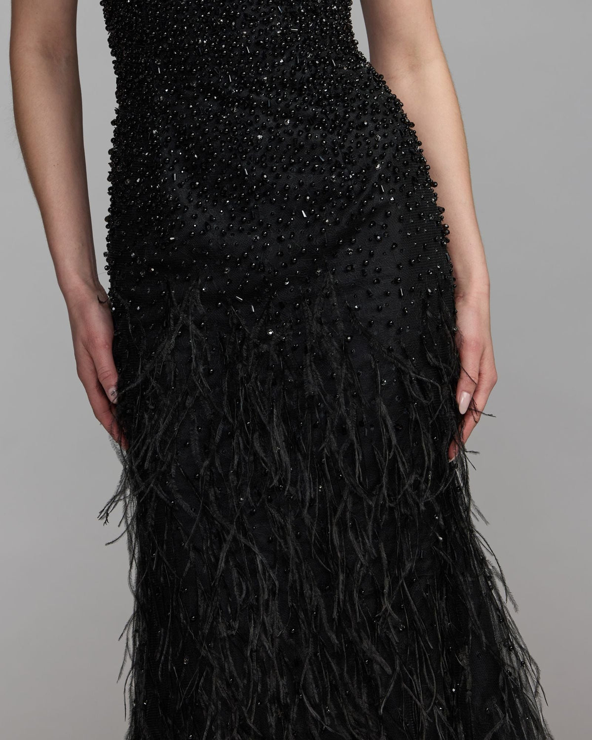 Mac Duggal Black Embellished High Neck Sleeveless Feather Gown