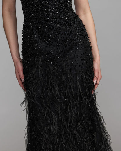 Mac Duggal Black Embellished High Neck Sleeveless Feather Gown